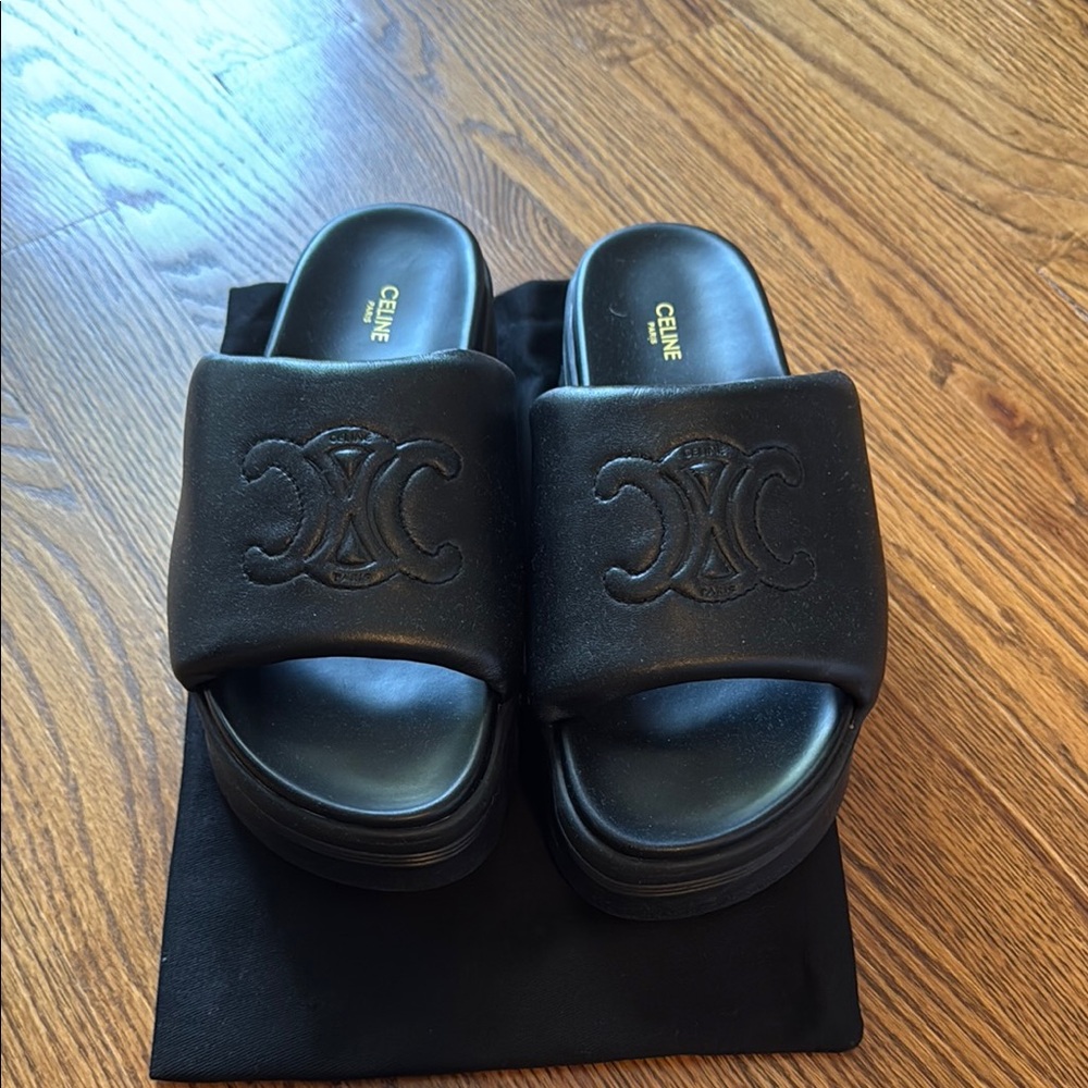 Celine Black Slide Sandals Embossed Logo